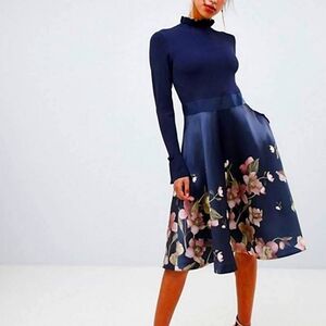Ted Baker Blue Fit and Flare Long Sleeve Dress